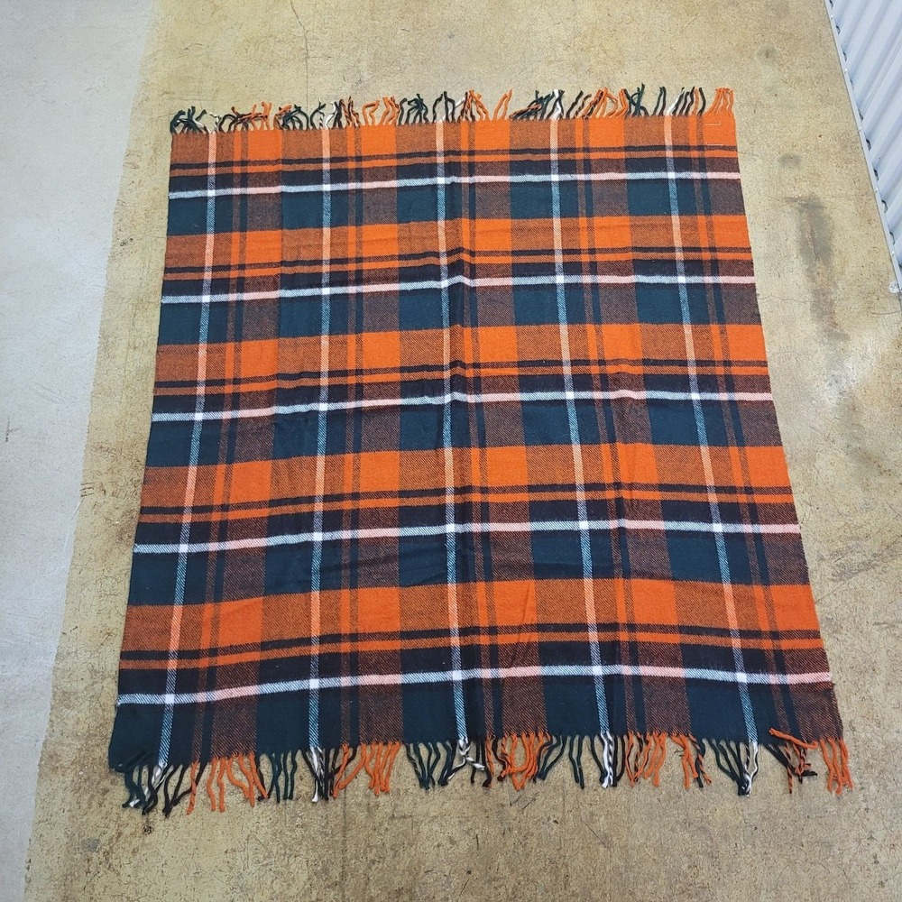 Troy Leisure Blanket Throw Unisex 54x48 Orange Black Plaid Fringed Made in USA